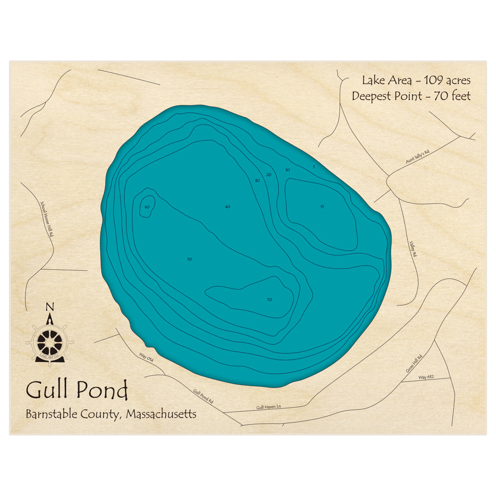 Bathymetric topo map of Gull Pond with roads, towns and depths noted in blue water