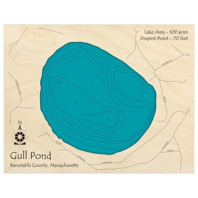 Bathymetric topo map of Gull Pond with roads, towns and depths noted in blue water