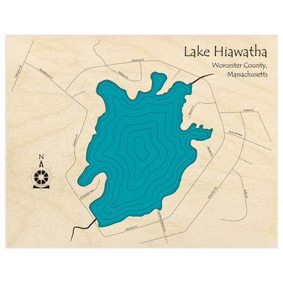 Bathymetric topo map of Lake Hiawatha  with roads, towns and depths noted in blue water