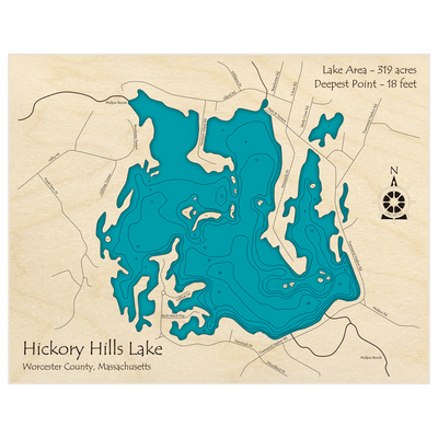 Bathymetric topo map of Hickory Hills Lake with roads, towns and depths noted in blue water