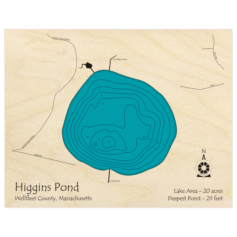 Bathymetric topo map of Higgins Pond (near Gull Pond) with roads, towns and depths noted in blue water