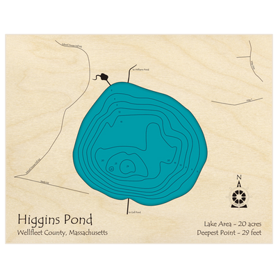 Bathymetric topo map of Higgins Pond (near Gull Pond) with roads, towns and depths noted in blue water