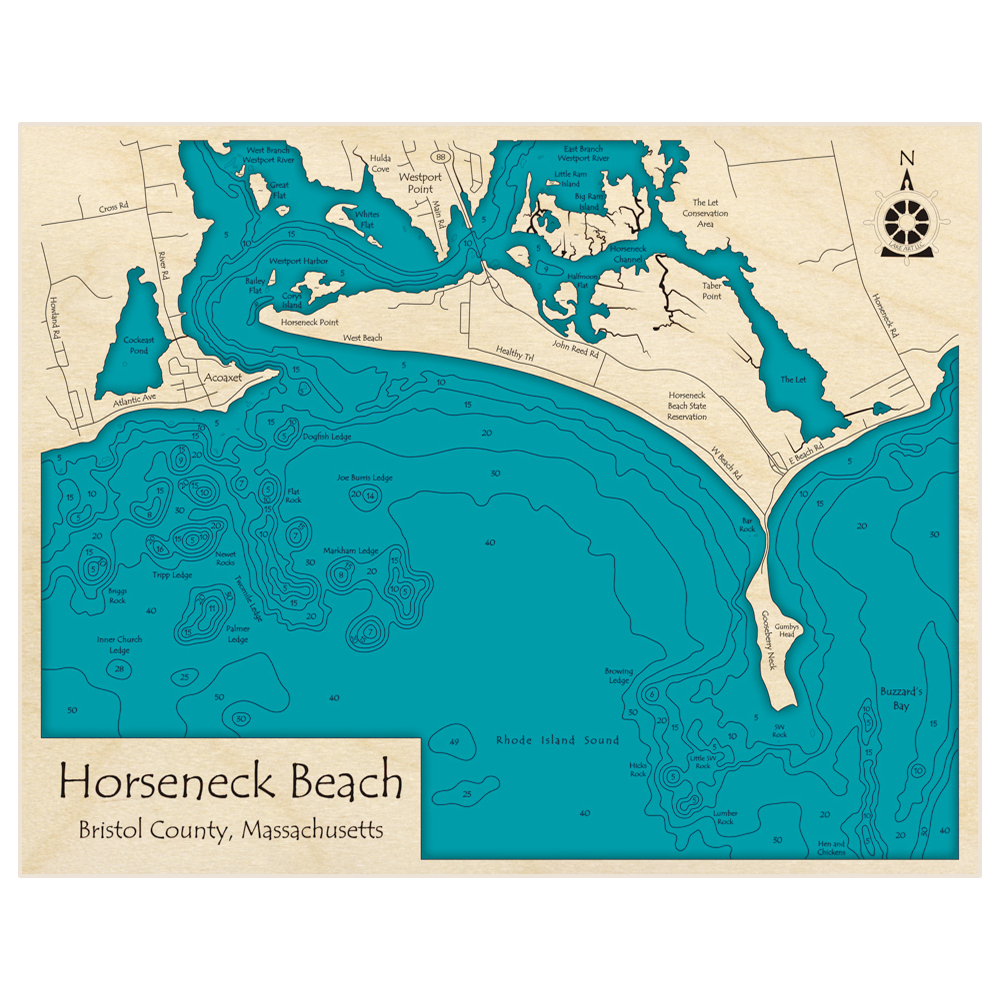 Bathymetric topo map of Horseneck Beach with roads, towns and depths noted in blue water