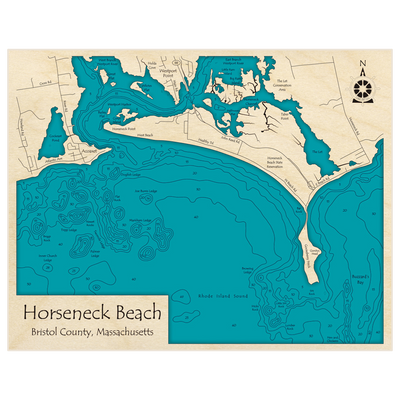 Bathymetric topo map of Horseneck Beach with roads, towns and depths noted in blue water