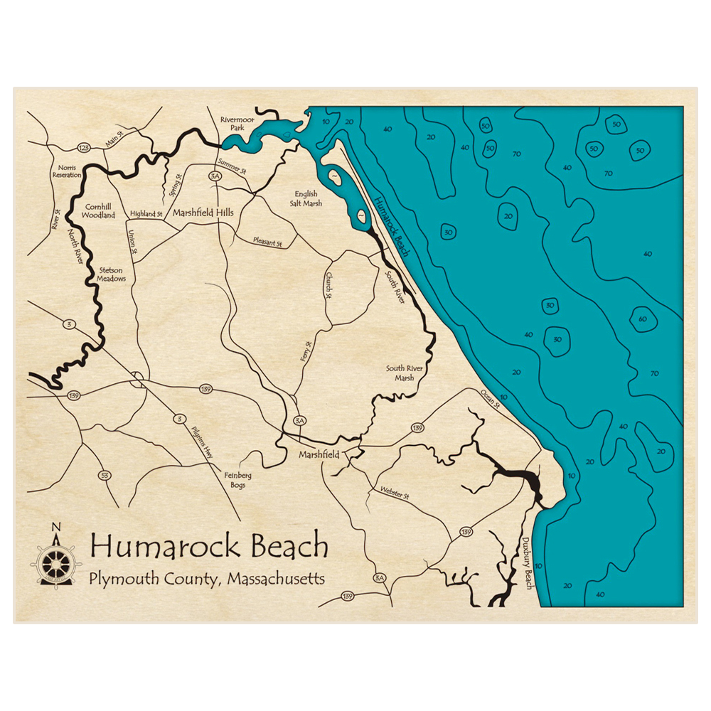 Bathymetric topo map of Humarock Beach with roads, towns and depths noted in blue water