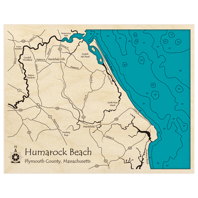 Bathymetric topo map of Humarock Beach with roads, towns and depths noted in blue water