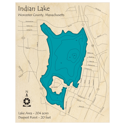 Bathymetric topo map of Indian Lake with roads, towns and depths noted in blue water