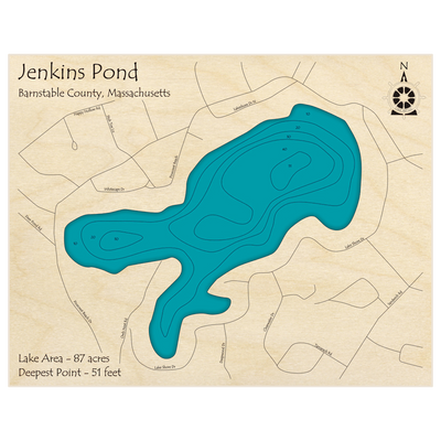 Bathymetric topo map of Jenkins Pond with roads, towns and depths noted in blue water