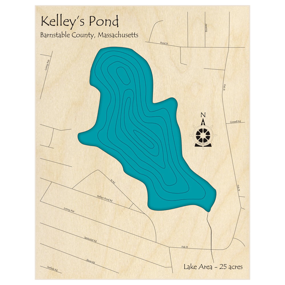 Bathymetric topo map of Kelleys Pond with roads, towns and depths noted in blue water