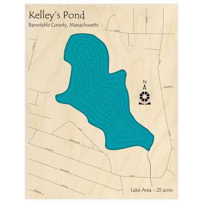 Bathymetric topo map of Kelleys Pond with roads, towns and depths noted in blue water