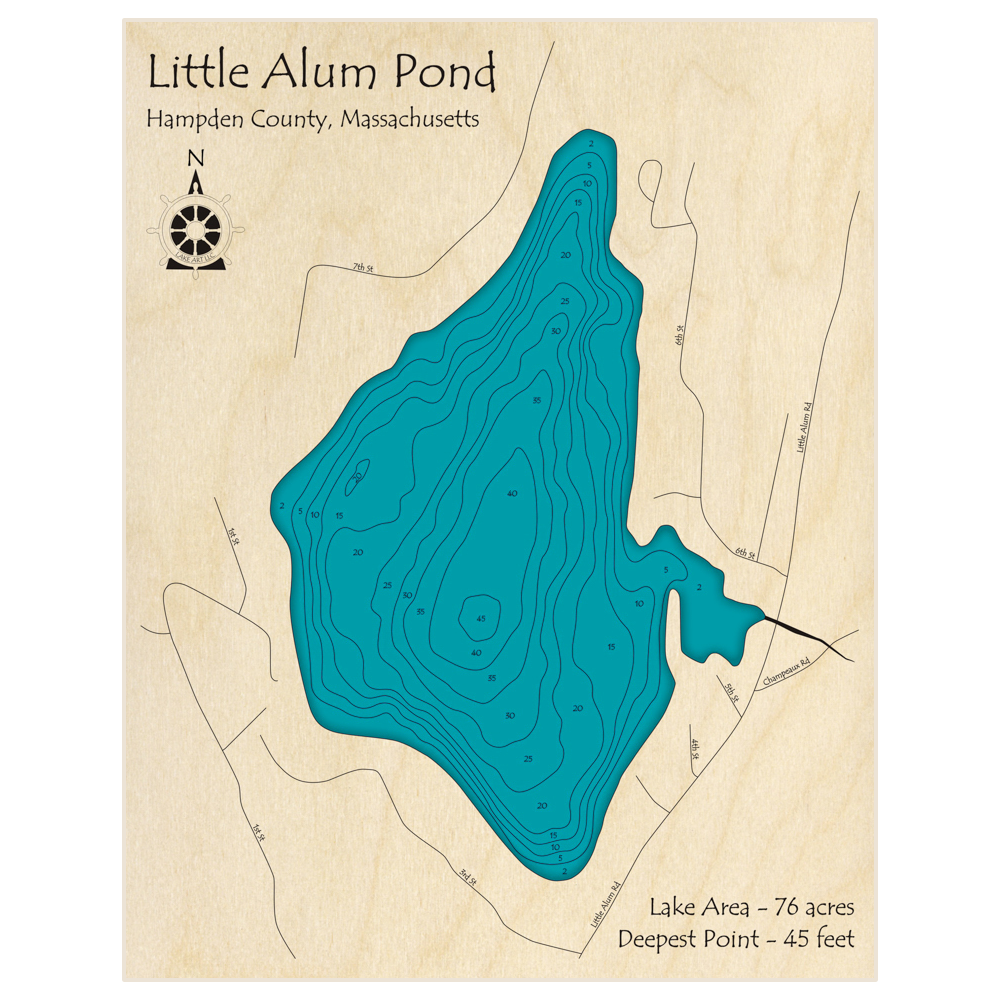 Bathymetric topo map of Little Alum Pond with roads, towns and depths noted in blue water