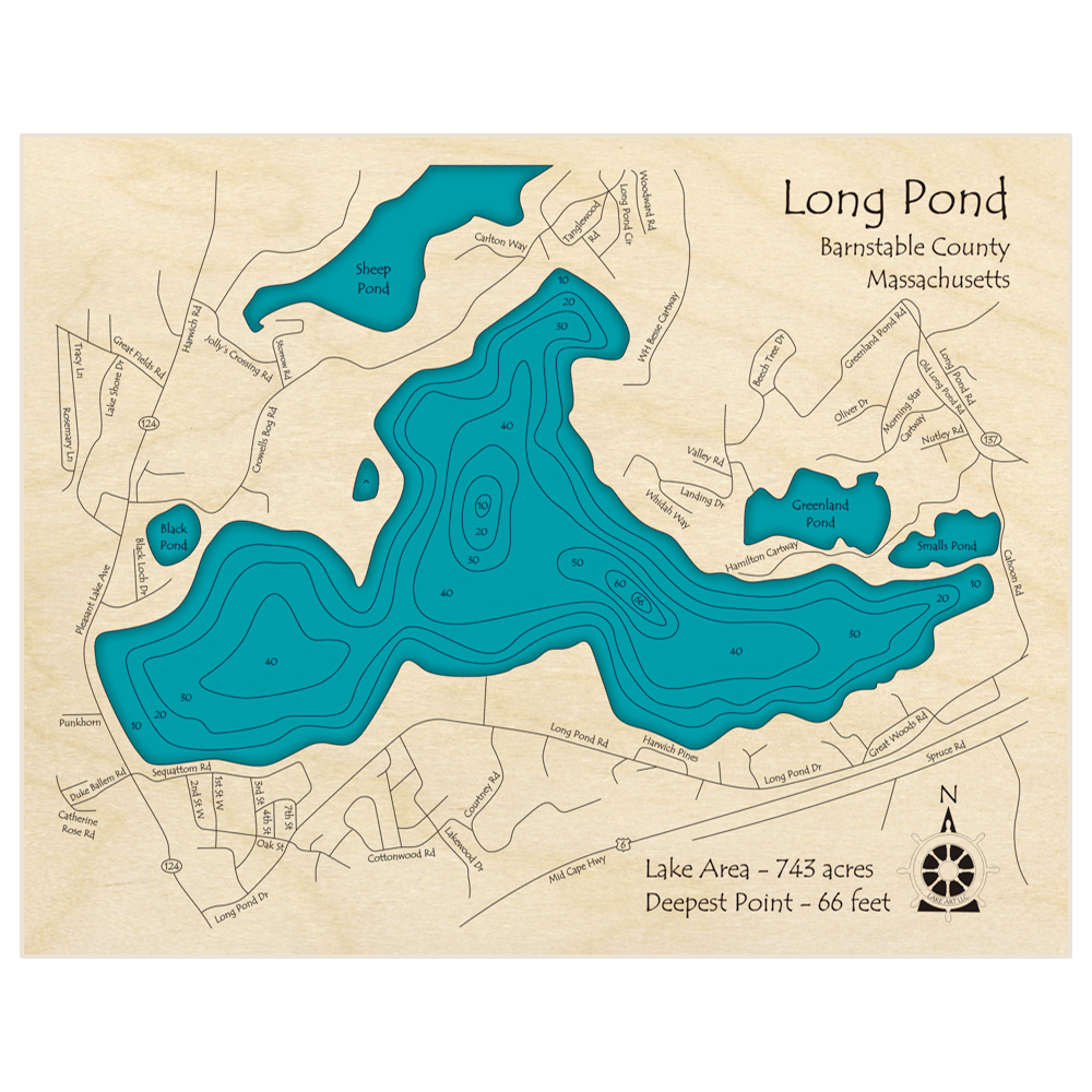 Bathymetric topo map of Long Pond (Near Pleasant Lake and Brewster) with roads, towns and depths noted in blue water