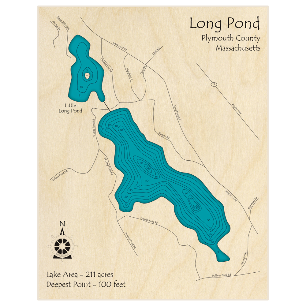 Bathymetric topo map of Long Pond (Zipcode 02360 Region) with roads, towns and depths noted in blue water