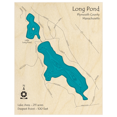 Bathymetric topo map of Long Pond (Zipcode 02360 Region) with roads, towns and depths noted in blue water