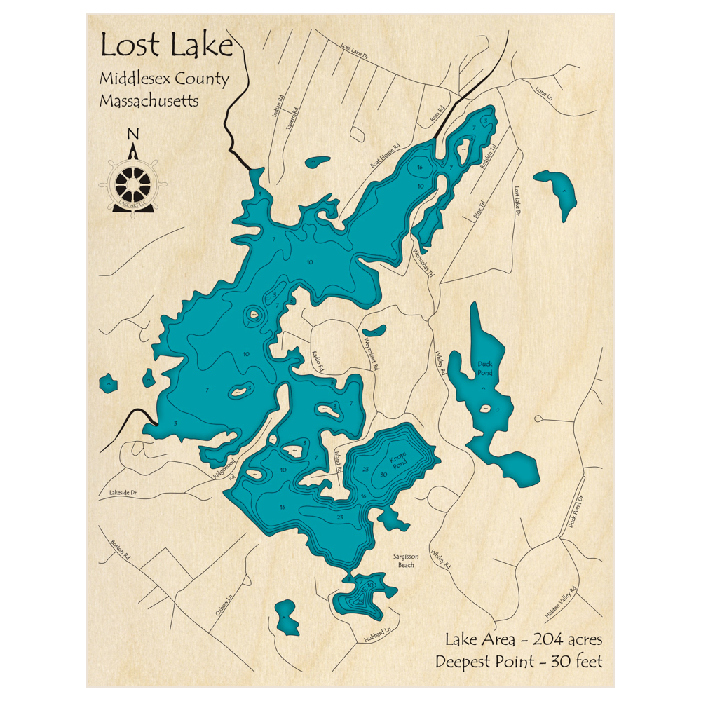 Bathymetric topo map of Lost Lake (without Knops Pond in the title) with roads, towns and depths noted in blue water