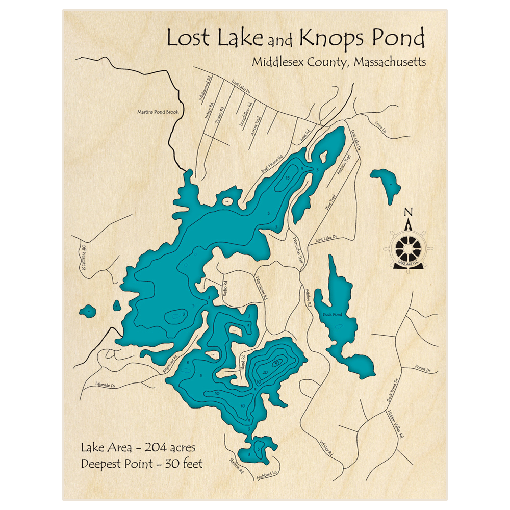 Bathymetric topo map of Lost Lake and Knops Pond with roads, towns and depths noted in blue water