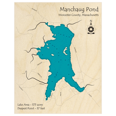 Bathymetric topo map of Manchaug Pond with roads, towns and depths noted in blue water