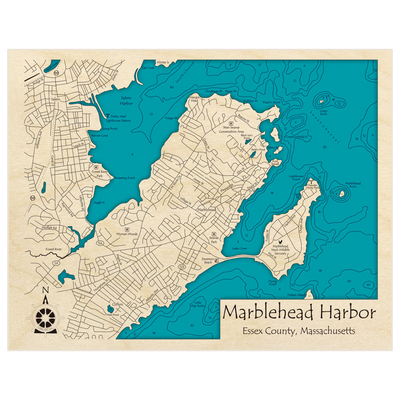 Bathymetric topo map of Marblehead Harbor with roads, towns and depths noted in blue water