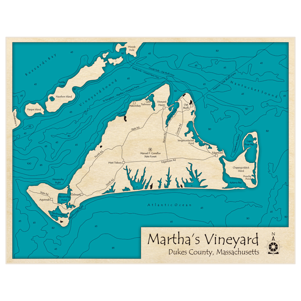 Bathymetric topo map of Marthas Vineyard with roads, towns and depths noted in blue water