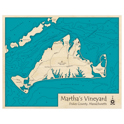 Bathymetric topo map of Marthas Vineyard with roads, towns and depths noted in blue water