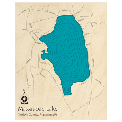 Bathymetric topo map of Massapoag Lake  with roads, towns and depths noted in blue water