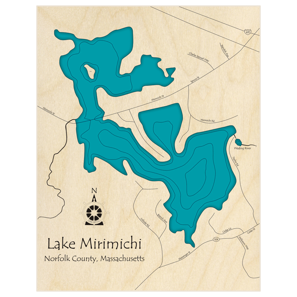 Bathymetric topo map of Lake Mirimichi  with roads, towns and depths noted in blue water