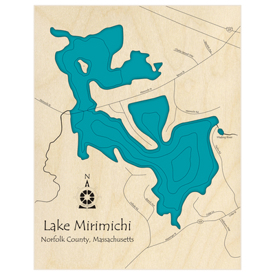 Bathymetric topo map of Lake Mirimichi  with roads, towns and depths noted in blue water