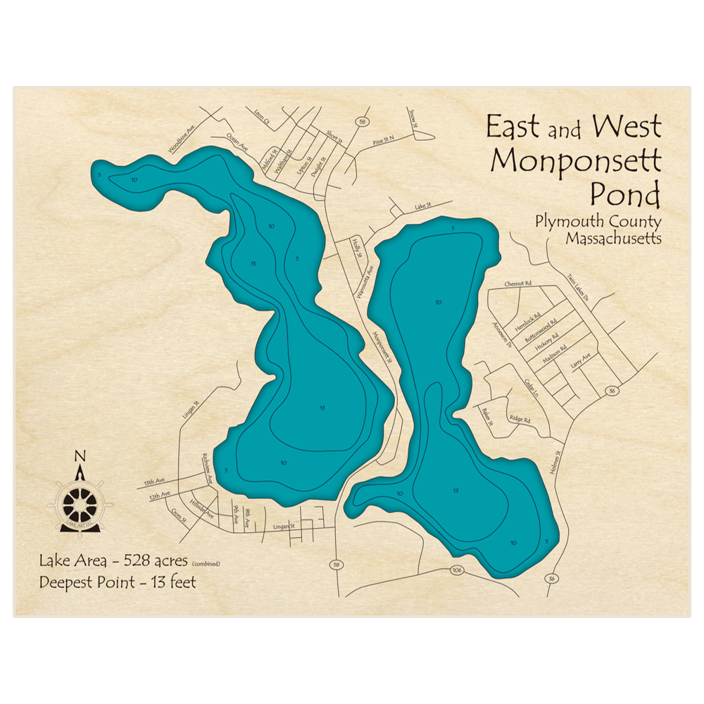 Bathymetric topo map of Monponsett Pond (East and West Ponds) with roads, towns and depths noted in blue water