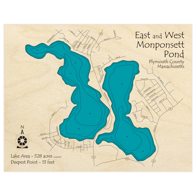 Bathymetric topo map of Monponsett Pond (East and West Ponds) with roads, towns and depths noted in blue water