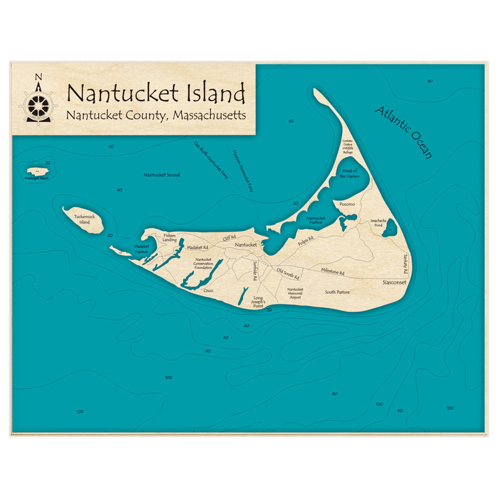 Bathymetric topo map of Nantucket Island with roads, towns and depths noted in blue water