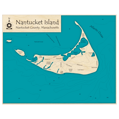 Bathymetric topo map of Nantucket Island with roads, towns and depths noted in blue water