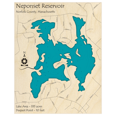 Bathymetric topo map of Neponset Reservoir with roads, towns and depths noted in blue water