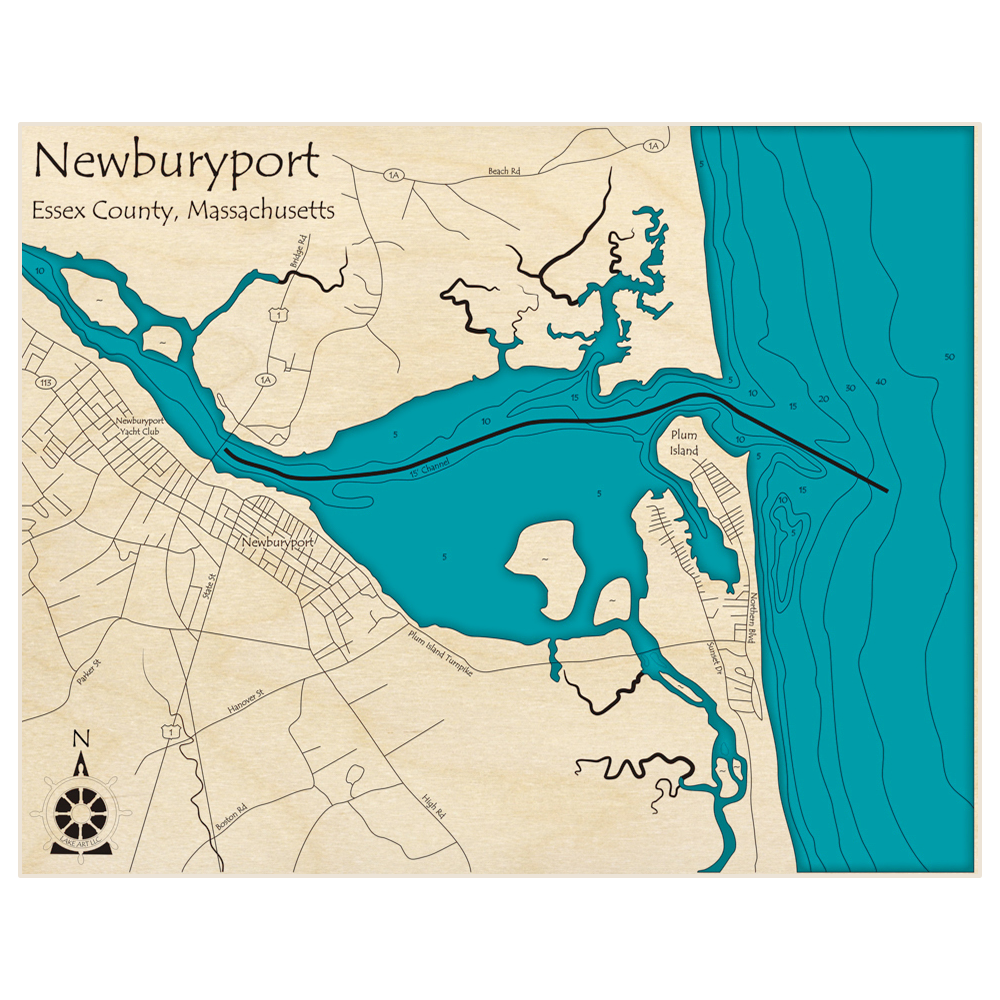 Bathymetric topo map of Newburyport with roads, towns and depths noted in blue water