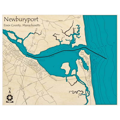 Bathymetric topo map of Newburyport with roads, towns and depths noted in blue water