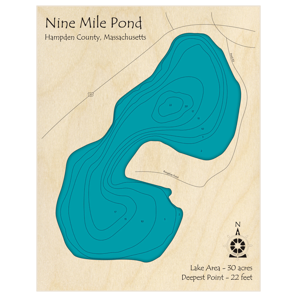 Bathymetric topo map of Nine Mile Pond with roads, towns and depths noted in blue water