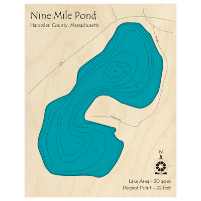 Bathymetric topo map of Nine Mile Pond with roads, towns and depths noted in blue water