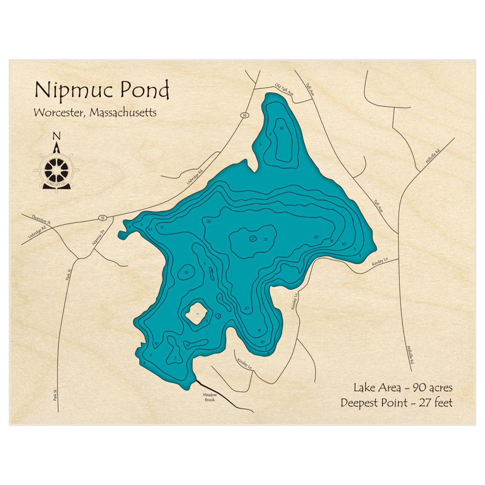 Bathymetric topo map of Nipmuc Pond with roads, towns and depths noted in blue water