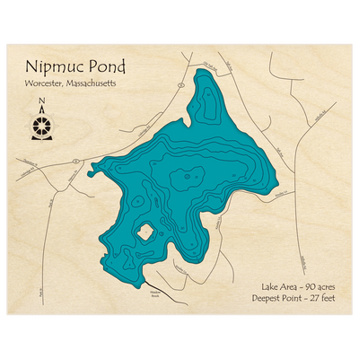 Bathymetric topo map of Nipmuc Pond with roads, towns and depths noted in blue water