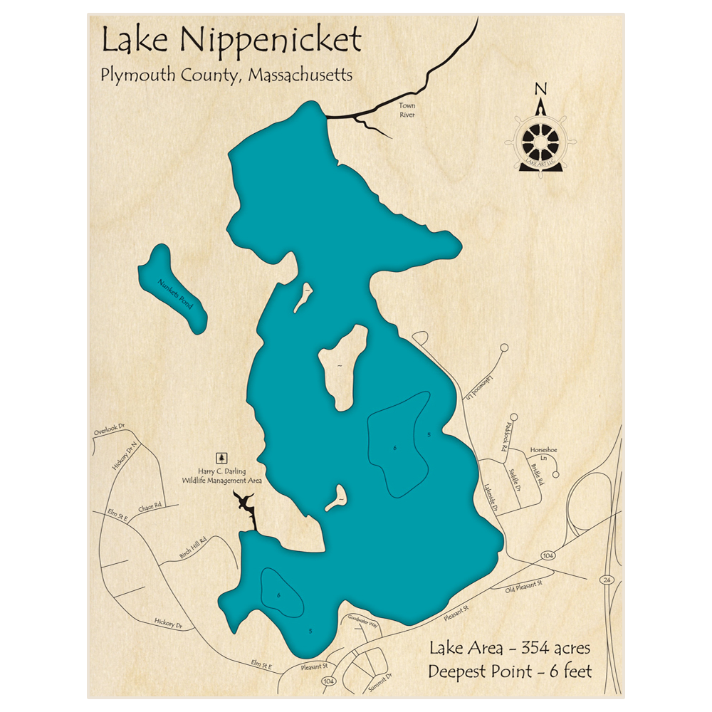 Bathymetric topo map of Lake Nippenicket with roads, towns and depths noted in blue water