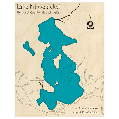 Bathymetric topo map of Lake Nippenicket with roads, towns and depths noted in blue water