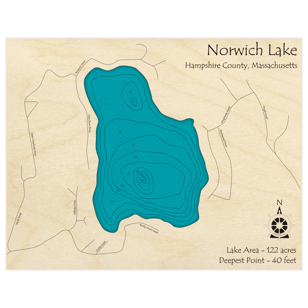 Bathymetric topo map of Norwich Lake with roads, towns and depths noted in blue water