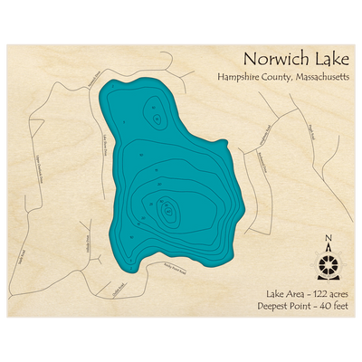 Bathymetric topo map of Norwich Lake with roads, towns and depths noted in blue water