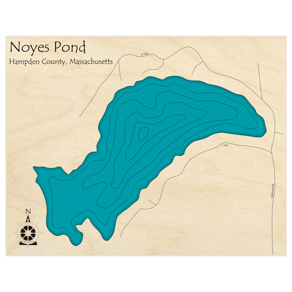 Bathymetric topo map of Noyes Pond  with roads, towns and depths noted in blue water