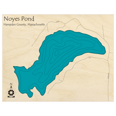 Bathymetric topo map of Noyes Pond  with roads, towns and depths noted in blue water