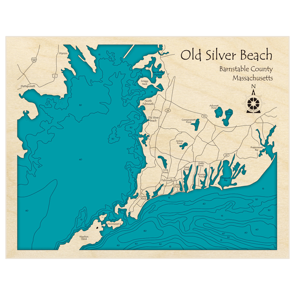 Bathymetric topo map of Old Silver Beach with roads, towns and depths noted in blue water