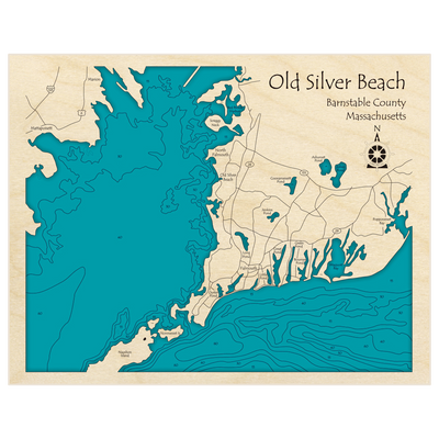 Bathymetric topo map of Old Silver Beach with roads, towns and depths noted in blue water