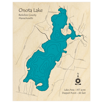 Bathymetric topo map of Onota Lake with roads, towns and depths noted in blue water