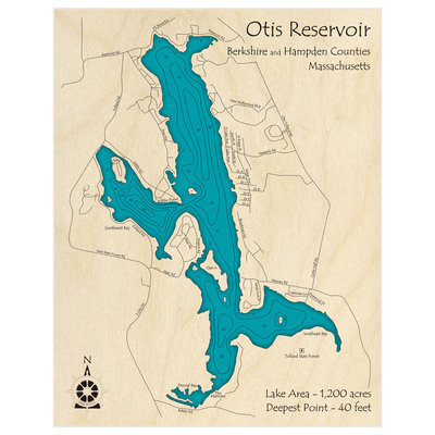 Bathymetric topo map of Otis Reservoir with roads, towns and depths noted in blue water