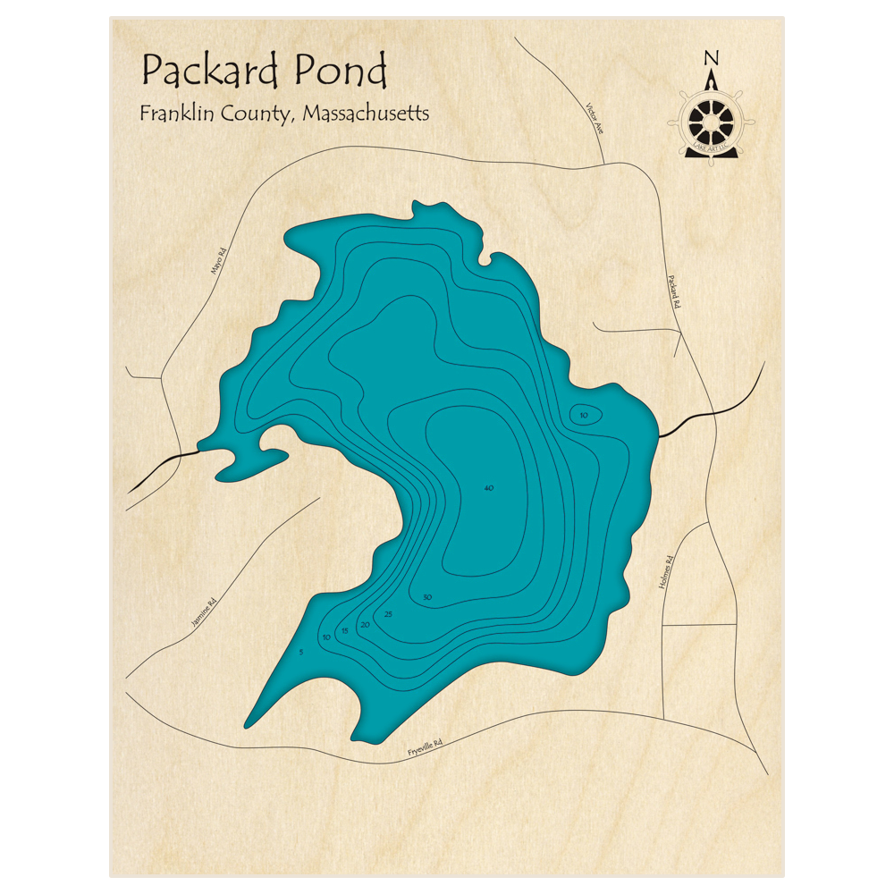 Bathymetric topo map of Packard Pond with roads, towns and depths noted in blue water