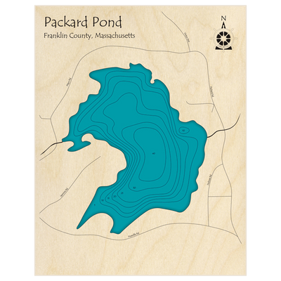 Bathymetric topo map of Packard Pond with roads, towns and depths noted in blue water